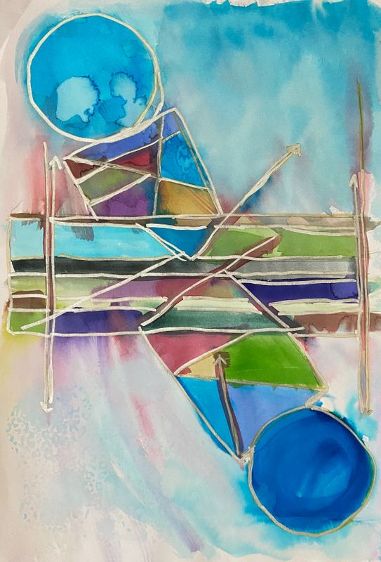 An artwork by a participant in the RMP program. The work is colourful with blue, red, green geometric shapes in watercolour