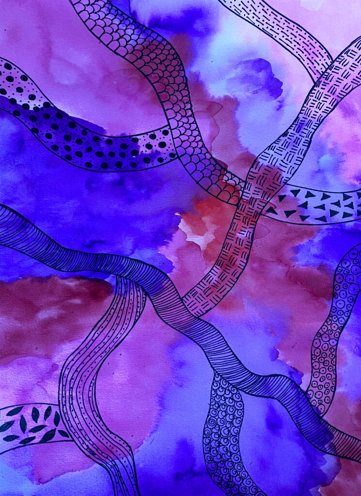 An artwork by a participant in the RMP program. The artwork has a purple and red watercolour background with fine linework layed over the top